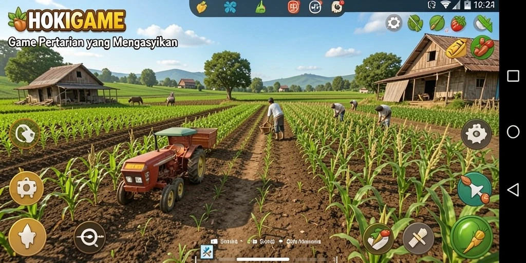 Tampilan gameplay <strong>HOKIGAME</strong> yang menampilkan ladang pertanian yang luas dan subur.